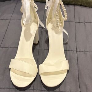 Off White Wedding Heels with Pearl Accents